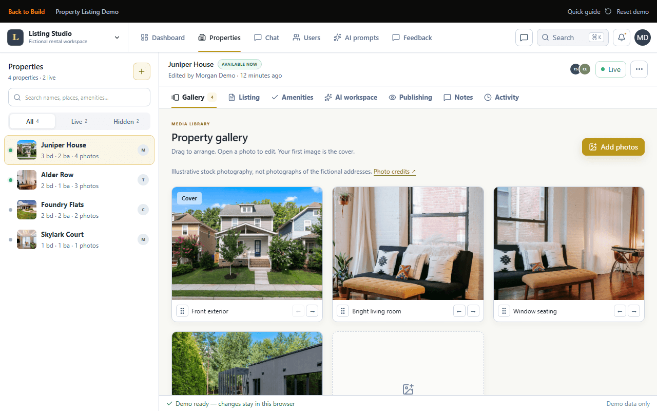Fictional property demo with a searchable listing rail, photo gallery, AI review, and publishing workspace