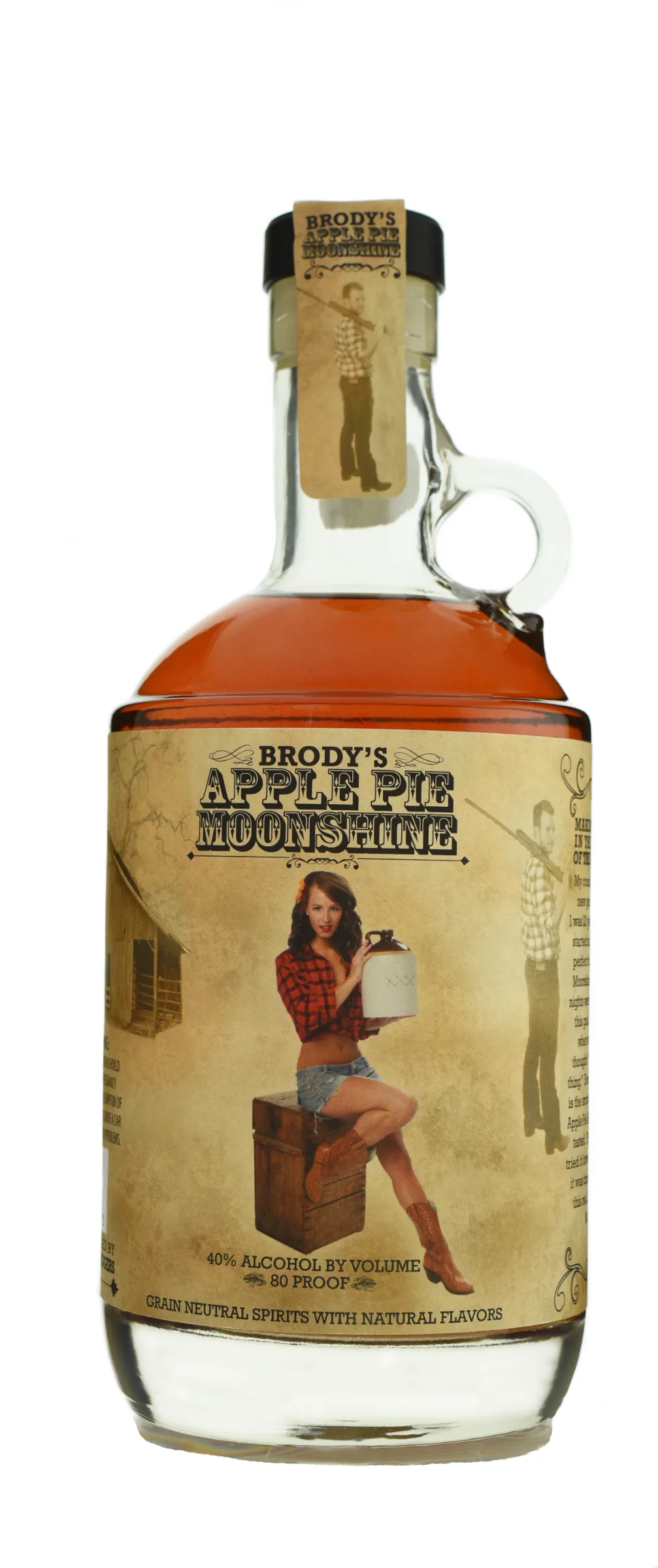 Brodys Moonshine bottle on a dark set