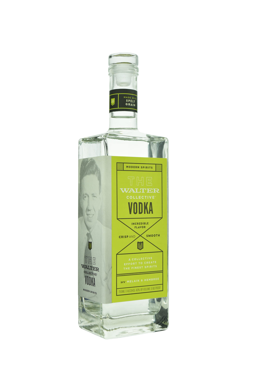 Walter vodka bottle, front label lit evenly