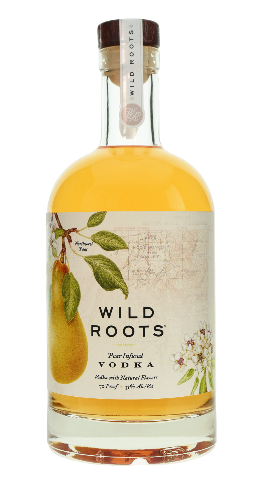 Wild Roots pear vodka bottle in a wide crop